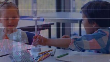 Poster - animation of financial data processing over diverse schoolchildren in classroom