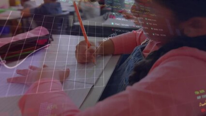 Poster - animation of financial data processing over african american schoolgirl writing in notebook