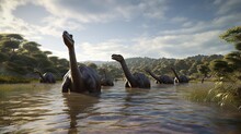 A Herd Of Apatosaurus Dinosaurs Wading Through A River