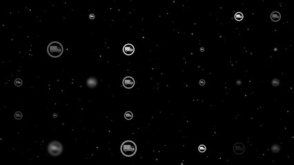 Poster - Template animation of evenly spaced truck traffic signs of different sizes and opacity. Animation of transparency and size. Seamless looped 4k animation on black background with stars