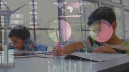 Poster - animation of financial data processing over diverse schoolchildren in classroom