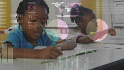Poster - Animation of financial data processing over african american schoolchildren in classroom