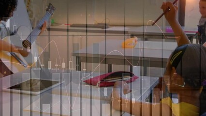 Poster - animation of financial data processing over diverse schoolchildren in classroom