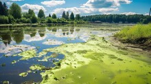 A Polluted Lake With A Thick Layer Of Green Algae