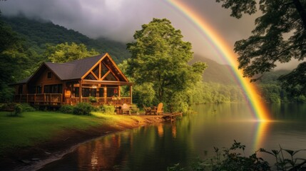 Poster - A rainbow arching over a charming riverside cabin