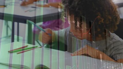 Poster - animation of financial data processing over african american schoolboy writing in notebook