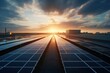 © pkproject - Sunset rays gleaming over an extensive solar farm renewable energy, with mountains in the backdrop
