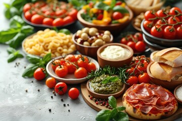 Wall Mural - Full table of Italian meals on plates Pizza, pasta, ravioli, carpaccio. caprese salad and tomato bruschetta on a table