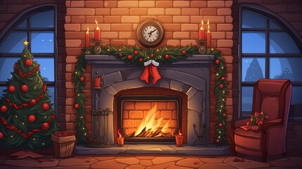 Wall Mural - Cartoon illustration of a cozy Christmas fireplace with stockings.