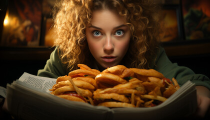 Canvas Print - One woman sitting at table, eating french fries, looking at camera generated by AI