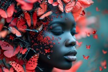 Portrait Of A Girl In Red Butterflies. 3d Illustration