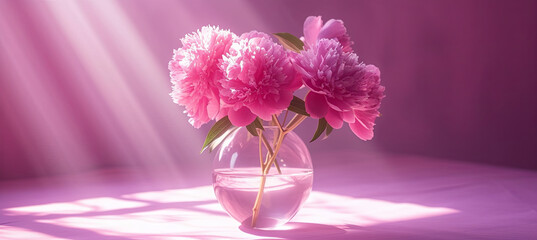 Wall Mural - peony in the transparent vase on the purple background