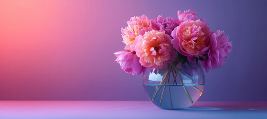 Poster - peony in the transparent vase on the purple background