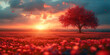 Landschaft mit roten Blumenmeer in der Abendsonne, ai generativ