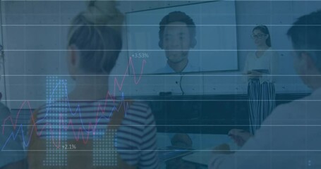 Poster - Animation of financial data processing over diverse colleagues having meeting in office