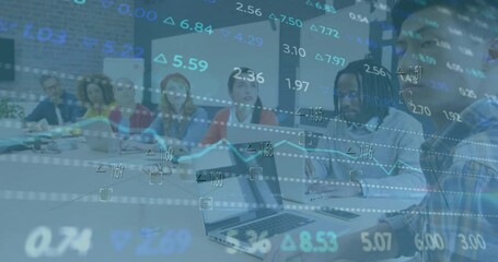 Poster - Animation of financial data processing over diverse colleagues having meeting in office