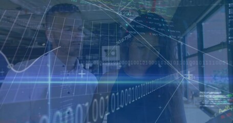 Poster - Animation of financial data processing over diverse colleagues discussing work in office