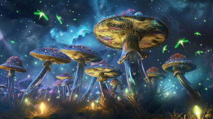 Wall Mural - Illuminated Fantasy Mushrooms Under Starry Sky. Mystical giant mushrooms glowing under a celestial night sky.