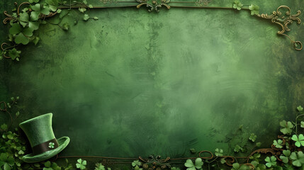 st. patrick's day themed green grunge background with clover and ornamental frame, with space for text 