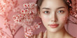  High-quality crop photo of skincare and cosmetics concept with copy space for text. Woman with beautiful face touching healthy facial skin portrait. Beautiful happy Asian girl model.