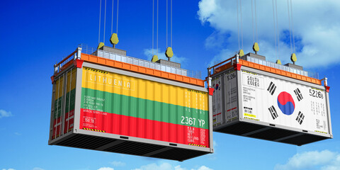 Shipping containers with flags of Lithuania and South Korea - 3D illustration