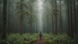 Fototapeta  - Digital composite of walking man in forest with fog