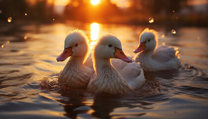 Wall Mural - Cute duckling quacking by the pond, reflecting the sunrise beauty generated by AI