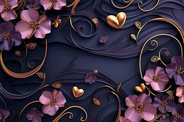 Wall Mural -  elegant dark purple curved wallpapers with gold pink love heart and floral pattern