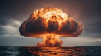 Wall Mural - explosion of fire A detonation of a nuclear bomb underwater, causing a massive plume of water and steam 