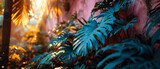 Fototapeta  - Blue tinted tropical palm leaves stand out on a warm pink background