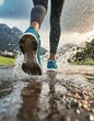 Young woman running in rainy weather, water and mud splashes as her feet hits the ground, low angle closeup detail from behind