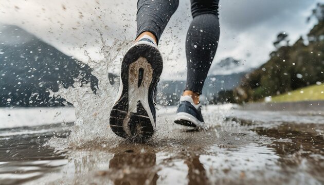 young woman running in rainy weather, water and mud splashes as her feet hits the ground, low angle 