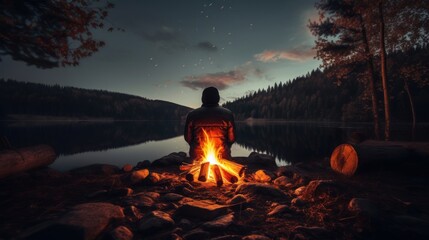 Wall Mural - Person sitting by a bonfire, enjoying a moment of solitude and evaluating life's experiences and lessons