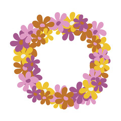 Wall Mural - Bright beautiful wreath of flowers isolated on a white background. Decorative round frame in neutral colors. Unique design for greeting cards, banners, flyers. Vector. Hand-drawn.