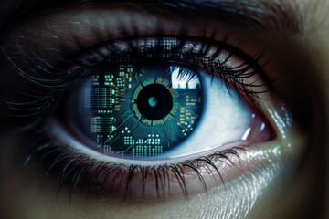 Wall Mural - A close-up of a person's eye with a digital display of security data reflected in the iris