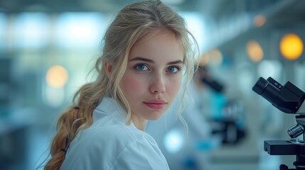 Poster - Laboratory technician examines a biopsy sample under a microscope. Scientist in a laboratory is analyzing a microscope slide.