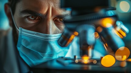 Poster - In this Ultra Macro shot, we see a male scientist wearing a surgical mask and looking into a microscope. A microbiologist works on molecule samples in a modern laboratory equipped with technological