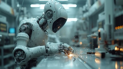 Canvas Print - An engineer checks and controls welding robotics automatic arms machines with monitoring systems. Industry 4.0 manufacturing.