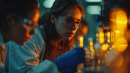 Poster - In a modern medical research laboratory, two scientists analyze samples together and discuss innovative technologies. Advanced scientific lab for biotechnology and molecular biology.