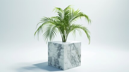 Fototapete - With copy space - 3D rendering of white marble cube and square box podium with palm leaves. Concept Scene Stage Showcase for the launch of new products, sales promotion, banners, presentations,