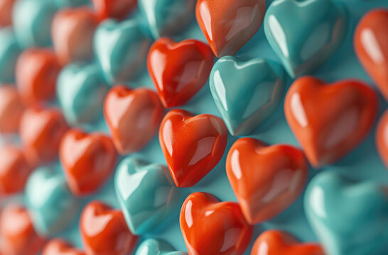 an arrangement of pink, blue, and white hearts on a turquoise background