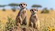 two meerkats standing on top of a mound of dirt in a field of grass and yellow flowers.