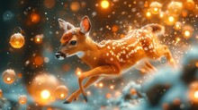 A Picture Of A Deer Running In The Snow With Bubbles In Its Mouth And A Christmas Ornament In The Foreground.