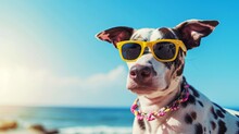 Dog With Sunglasses On The Beach Generative Ai