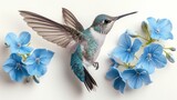 Fototapeta Sypialnia - a hummingbird sitting on top of a flower next to a bunch of blue flowers and a bunch of blue flowers.