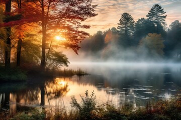 Wall Mural - A captivating shot of mist rising from a tranquil pond surrounded by colorful trees, evoking the quiet serenity of a fall morning