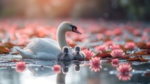 A Mother Swan And Her Two Babies Swimming In A Pond Of Water Lilies With Pink Flowers In The Background.