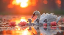 A Couple Of White Swans Floating On Top Of A Lake Next To A Pink Flower Covered Body Of Water In Front Of A Setting Sun.