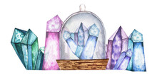 Watercolor Illustration With Mystical Objects. Hand Drawn Glass Dome With Crystal Inside And Pink, Purple, Blue, Turquoise Crystals. Witches, Mysticism, Magic.