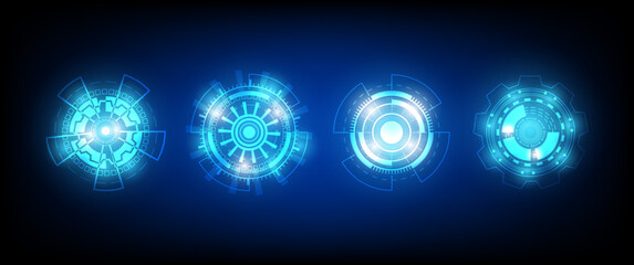 Aufkleber - Set of glowing HUD rounds for your design. Futuristic circle. Virtual graphic. Dashboard display. Sci-fi and Hi-tech elements. GUI and UI. Modern technology.